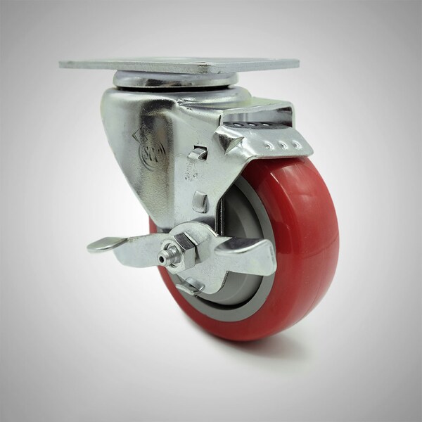 3.5 Inch SS Red Polyurethane Swivel Top Plate Caster with Brake